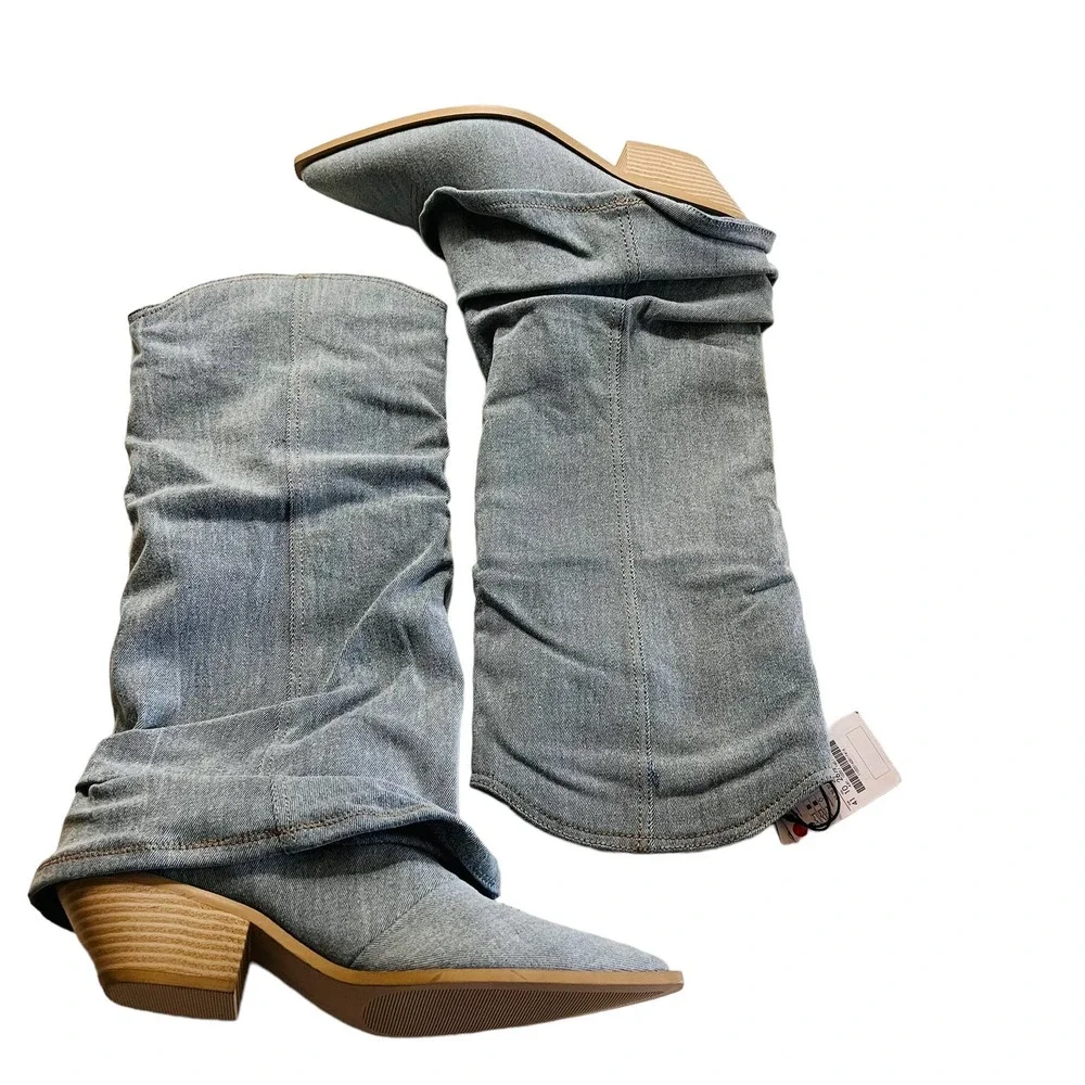 Bershka Denim Pointed Toe Layered Western Boots Size 41 NWT Blue - Picture 2 of 7